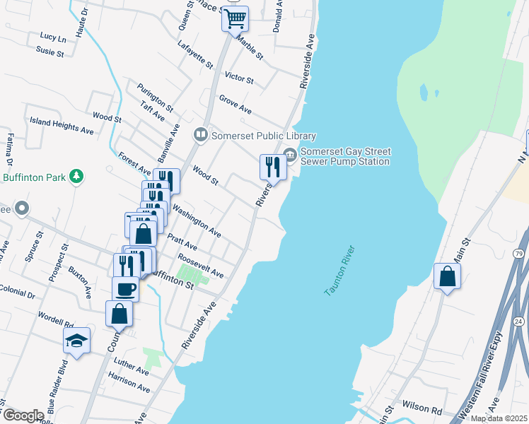 map of restaurants, bars, coffee shops, grocery stores, and more near 2862 Riverside Avenue in Somerset