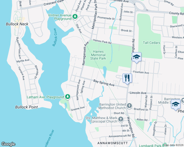 map of restaurants, bars, coffee shops, grocery stores, and more near 23 Lake Avenue in Barrington