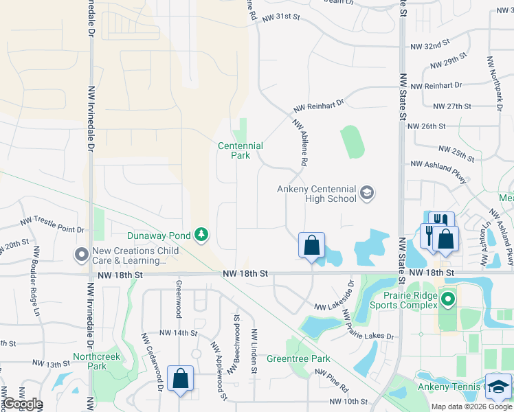 map of restaurants, bars, coffee shops, grocery stores, and more near 2311 Northwest College Avenue in Ankeny