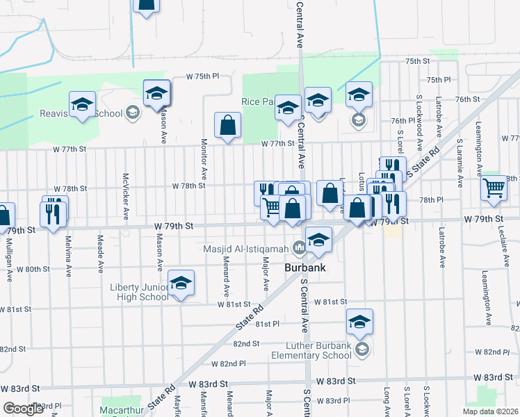 map of restaurants, bars, coffee shops, grocery stores, and more near 7840 Major Avenue in Burbank