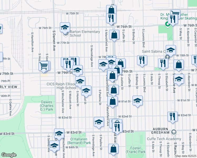 map of restaurants, bars, coffee shops, grocery stores, and more near 7926 South Paulina Street in Chicago