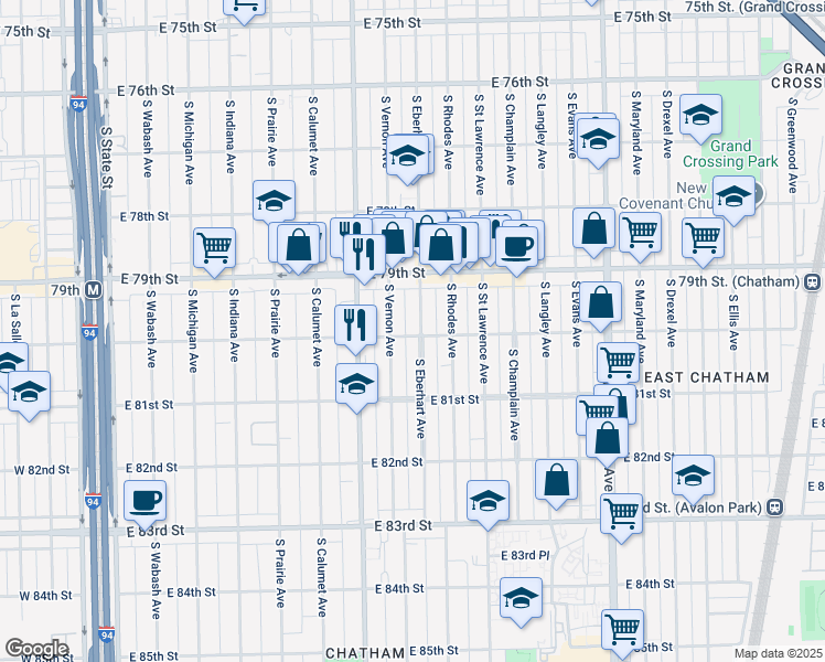 map of restaurants, bars, coffee shops, grocery stores, and more near 7956 South Eberhart Avenue in Chicago