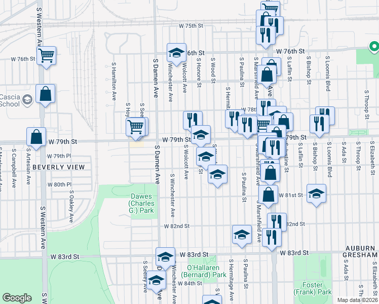map of restaurants, bars, coffee shops, grocery stores, and more near 7923 South Wolcott Avenue in Chicago