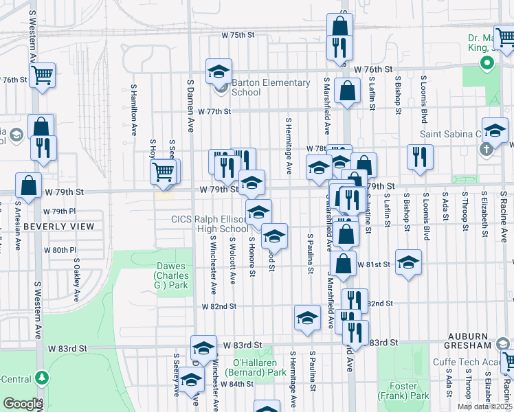 map of restaurants, bars, coffee shops, grocery stores, and more near 7931 South Honore Street in Chicago