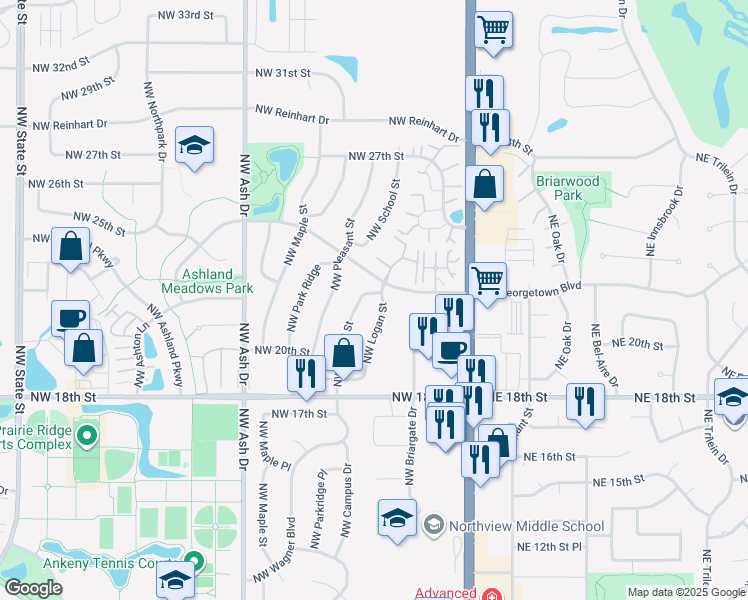 map of restaurants, bars, coffee shops, grocery stores, and more near 2110 NW Logan St in Ankeny