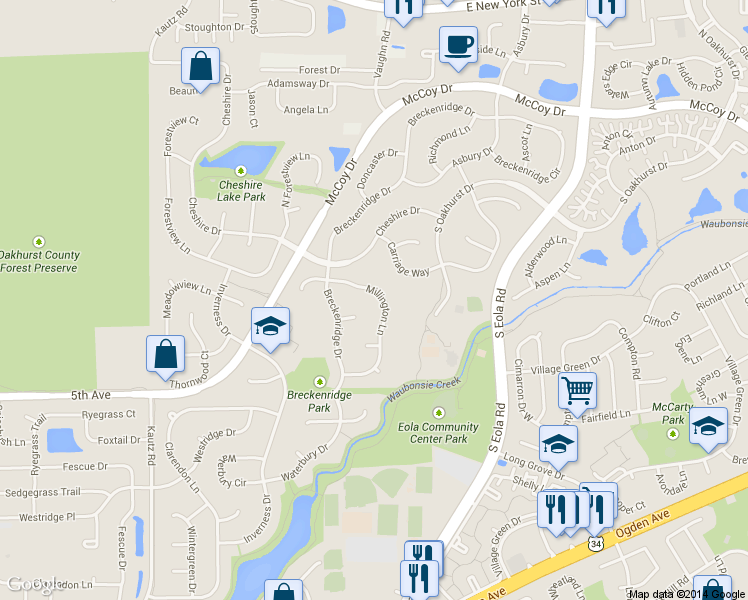 map of restaurants, bars, coffee shops, grocery stores, and more near 221 Millington Lane in Aurora