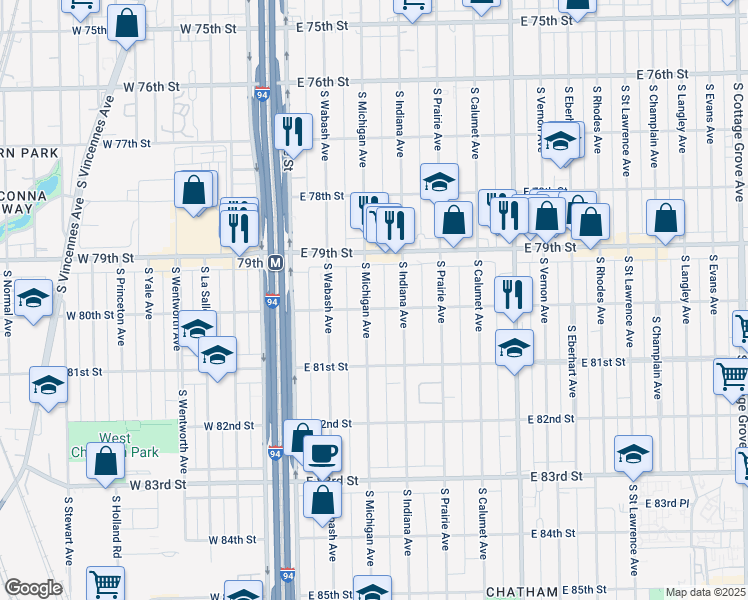 map of restaurants, bars, coffee shops, grocery stores, and more near 7953 South Michigan Avenue in Chicago