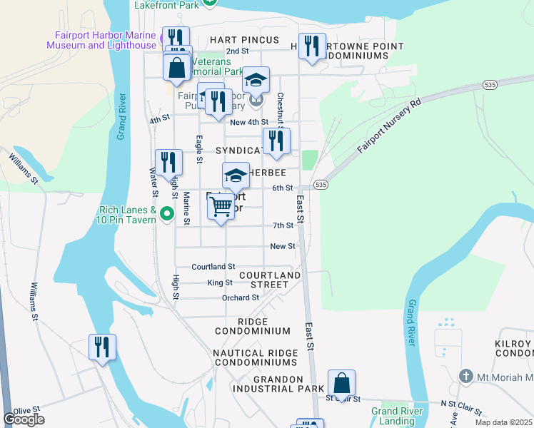 map of restaurants, bars, coffee shops, grocery stores, and more near 630 Vine Street in Fairport Harbor