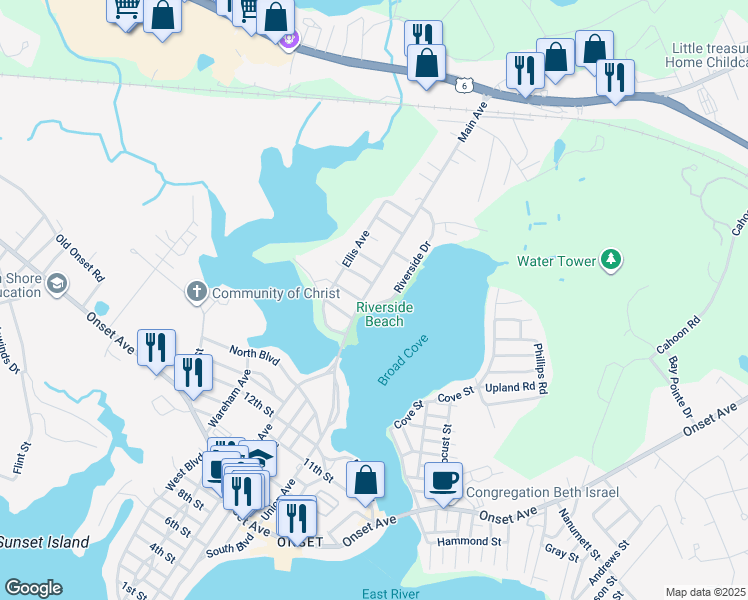 map of restaurants, bars, coffee shops, grocery stores, and more near 47 Riverside Drive in Wareham