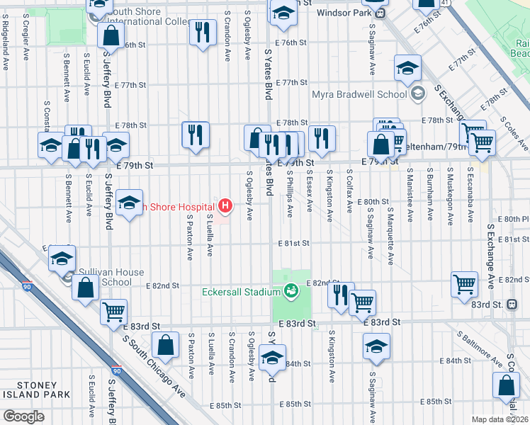 map of restaurants, bars, coffee shops, grocery stores, and more near 8011 South Oglesby Avenue in Chicago