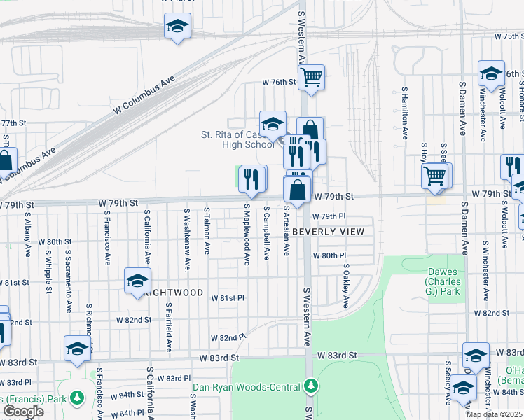 map of restaurants, bars, coffee shops, grocery stores, and more near 7914 South Campbell Avenue in Chicago