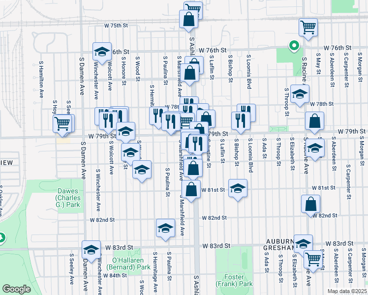 map of restaurants, bars, coffee shops, grocery stores, and more near 7927 South Marshfield Avenue in Chicago