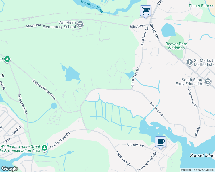 map of restaurants, bars, coffee shops, grocery stores, and more near 65 Great Neck Road in Wareham