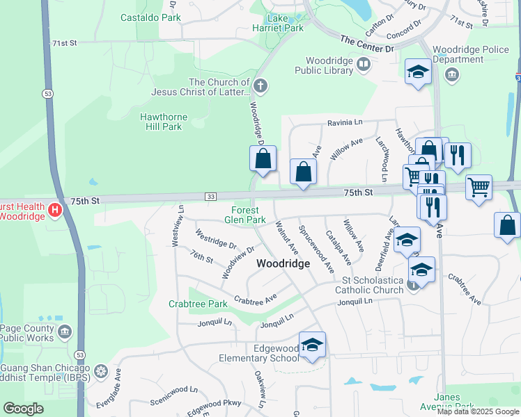 map of restaurants, bars, coffee shops, grocery stores, and more near 7537 Woodridge Drive in Woodridge