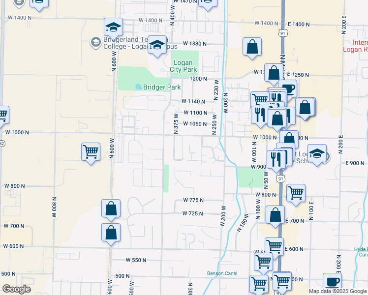 map of restaurants, bars, coffee shops, grocery stores, and more near 952 North 350 West in Logan