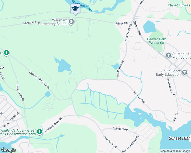 map of restaurants, bars, coffee shops, grocery stores, and more near 65 Great Neck Road in Wareham