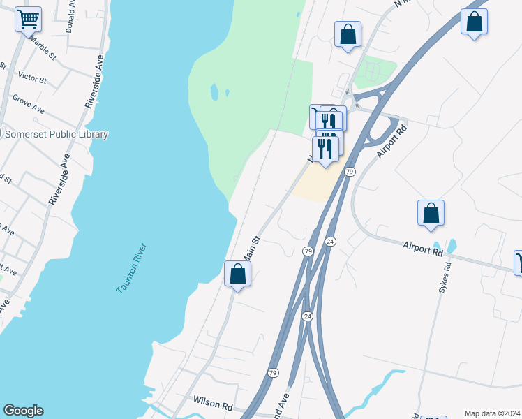 map of restaurants, bars, coffee shops, grocery stores, and more near 3916 North Main Street in Fall River