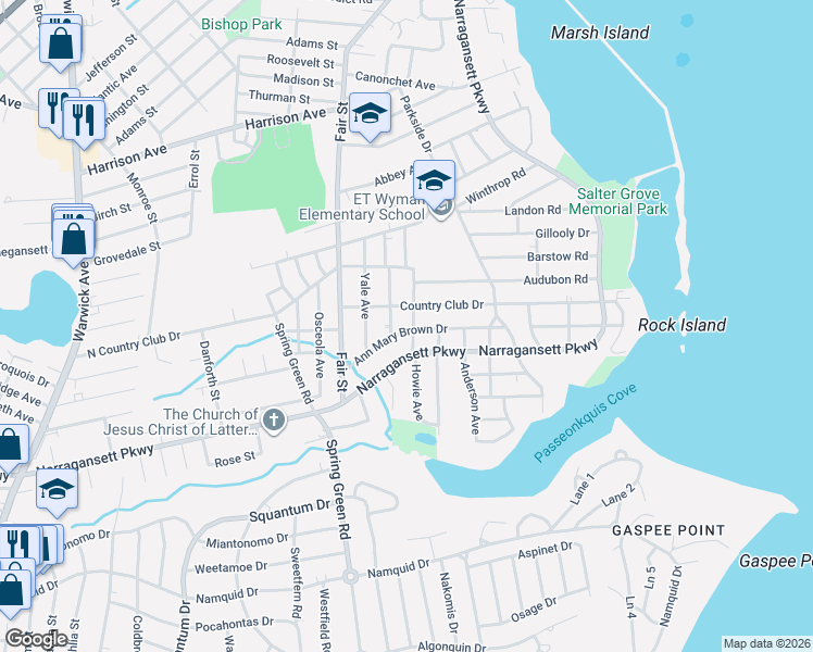 map of restaurants, bars, coffee shops, grocery stores, and more near 89 Ann Mary Brown Drive in Warwick