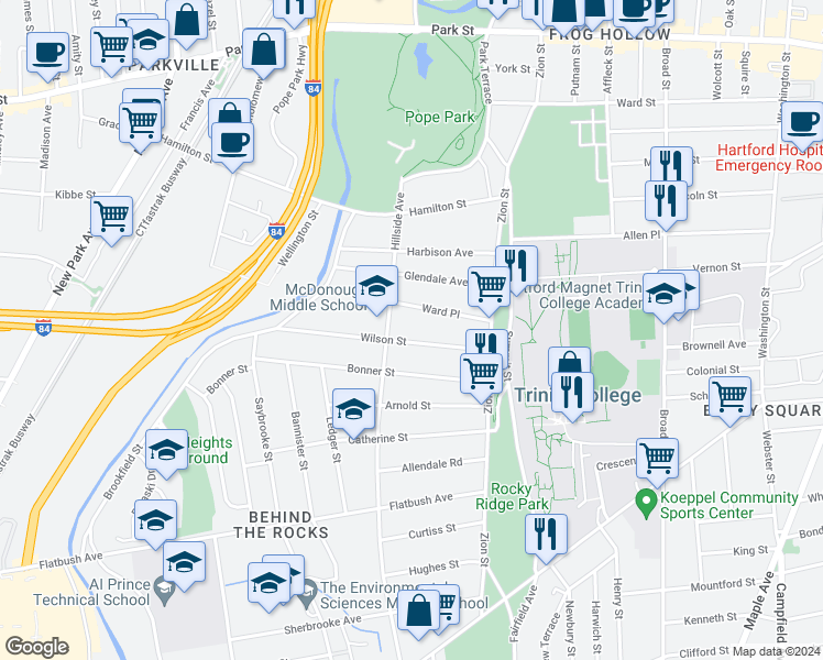 map of restaurants, bars, coffee shops, grocery stores, and more near 124 Hillside Avenue in Hartford