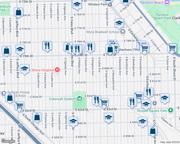 map of restaurants, bars, coffee shops, grocery stores, and more near 8011 South Kingston Avenue in Chicago