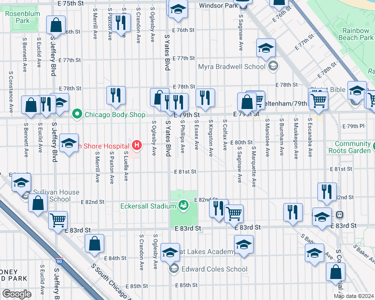 map of restaurants, bars, coffee shops, grocery stores, and more near 8016 South Essex Avenue in Chicago