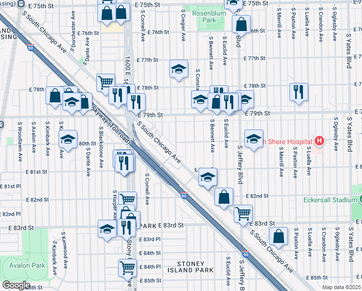 map of restaurants, bars, coffee shops, grocery stores, and more near 8004 South Constance Avenue in Chicago