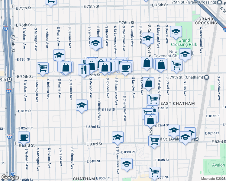map of restaurants, bars, coffee shops, grocery stores, and more near 542 East 80th Street in Chicago
