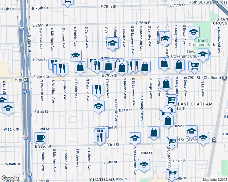 map of restaurants, bars, coffee shops, grocery stores, and more near 7953 South Vernon Avenue in Chicago