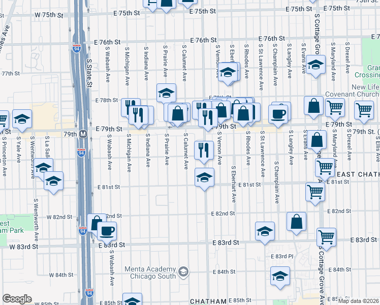 map of restaurants, bars, coffee shops, grocery stores, and more near 7951 South Calumet Avenue in Chicago