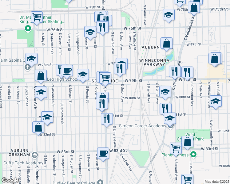 map of restaurants, bars, coffee shops, grocery stores, and more near 7940 South Union Avenue in Chicago