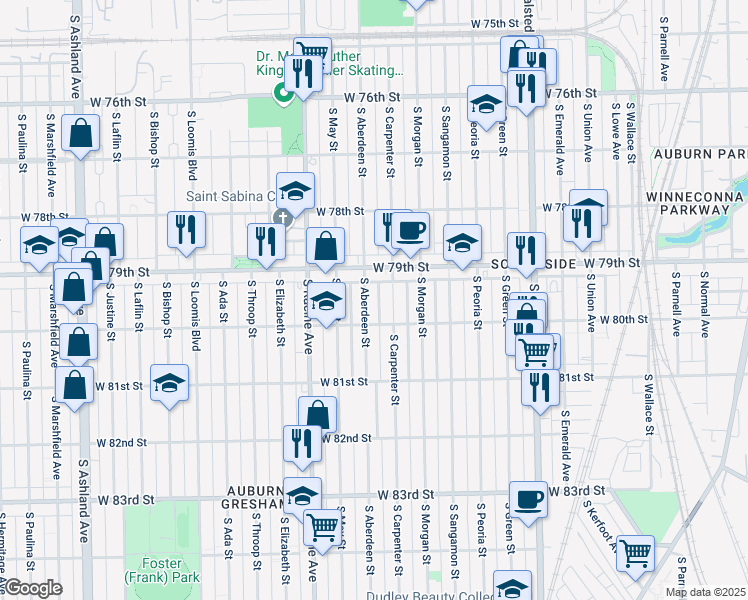 map of restaurants, bars, coffee shops, grocery stores, and more near 7931 South Aberdeen Street in Chicago