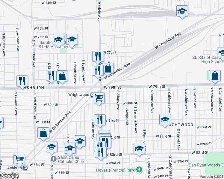map of restaurants, bars, coffee shops, grocery stores, and more near 7906 South Albany Avenue in Chicago