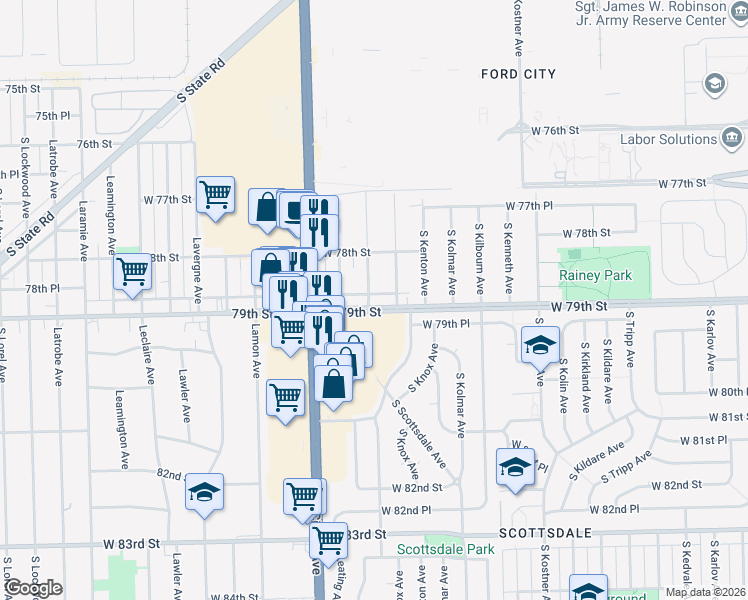 map of restaurants, bars, coffee shops, grocery stores, and more near 4636 West 79th Street in Chicago