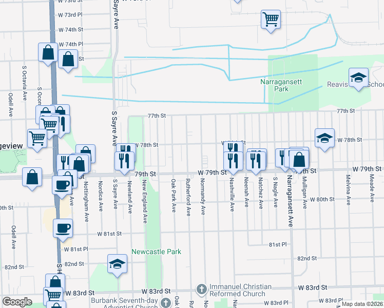 map of restaurants, bars, coffee shops, grocery stores, and more near 7816 Rutherford Avenue in Burbank