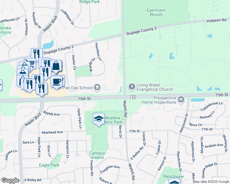 map of restaurants, bars, coffee shops, grocery stores, and more near 1248 Stonebriar Court in Naperville