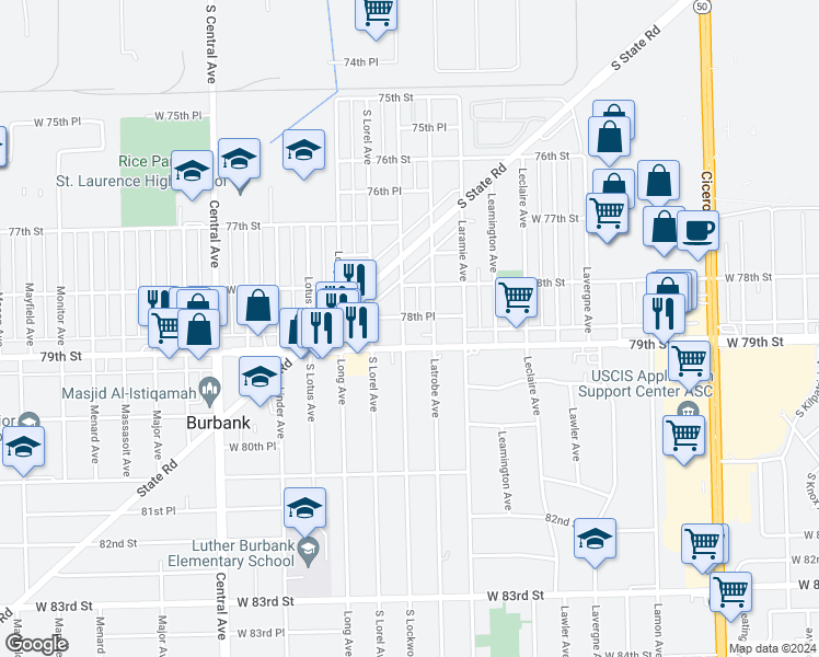 map of restaurants, bars, coffee shops, grocery stores, and more near 7835 South Lockwood Avenue in Burbank