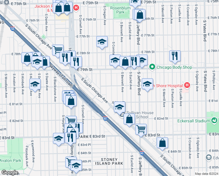 map of restaurants, bars, coffee shops, grocery stores, and more near 8004 South Constance Avenue in Chicago