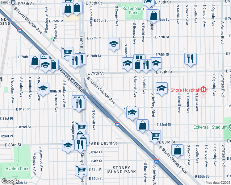 map of restaurants, bars, coffee shops, grocery stores, and more near 8004 South Constance Avenue in Chicago