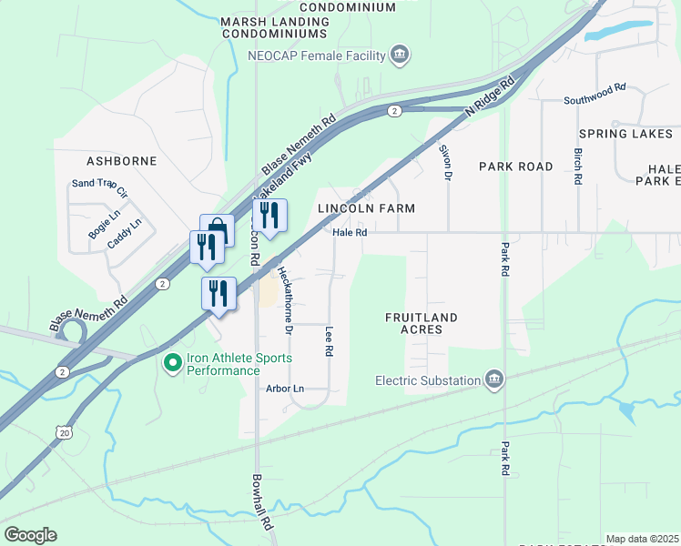 map of restaurants, bars, coffee shops, grocery stores, and more near 33 Lee Road in Painesville