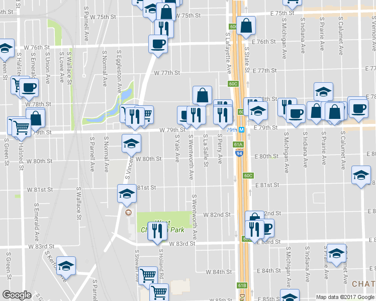 map of restaurants, bars, coffee shops, grocery stores, and more near 7944 South Wentworth Avenue in Chicago