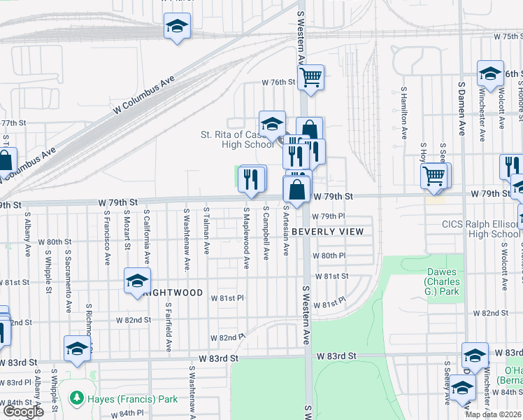 map of restaurants, bars, coffee shops, grocery stores, and more near 7914 South Campbell Avenue in Chicago