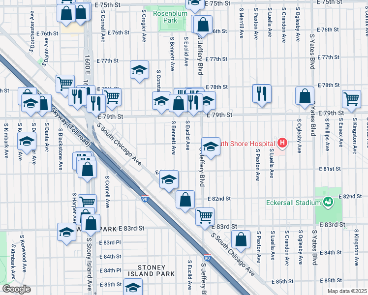 map of restaurants, bars, coffee shops, grocery stores, and more near 8004 S Euclid Ave in Chicago