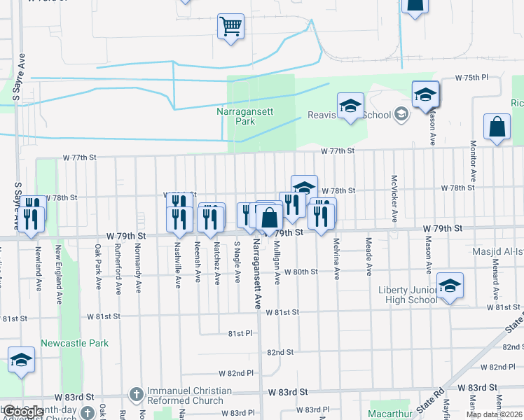 map of restaurants, bars, coffee shops, grocery stores, and more near 7819 Narragansett Avenue in Burbank