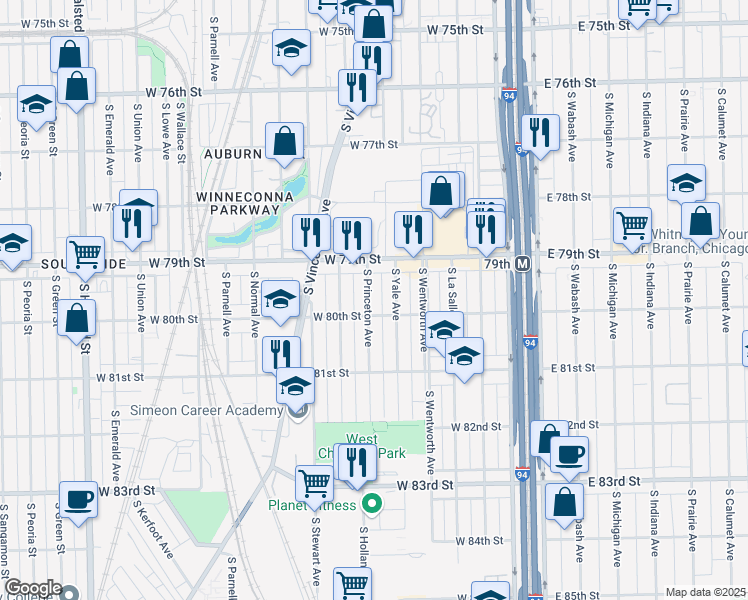 map of restaurants, bars, coffee shops, grocery stores, and more near 7945 South Princeton Avenue in Chicago