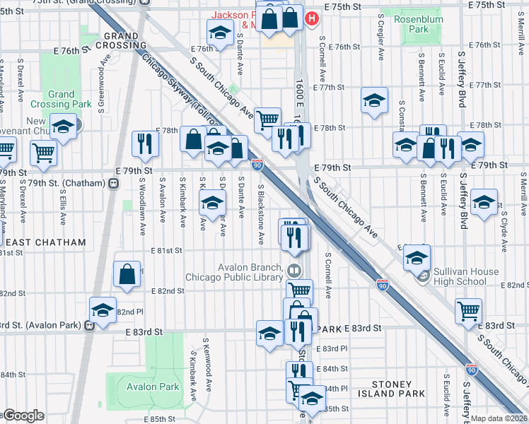 map of restaurants, bars, coffee shops, grocery stores, and more near 8001 South Blackstone Avenue in Chicago