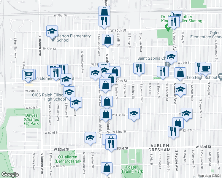 map of restaurants, bars, coffee shops, grocery stores, and more near 7927 South Ashland Avenue in Chicago