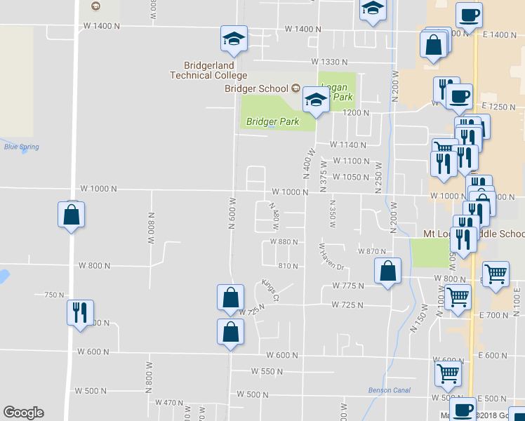 map of restaurants, bars, coffee shops, grocery stores, and more near 510 West 980 North in Logan