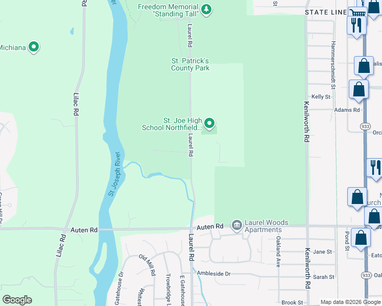 map of restaurants, bars, coffee shops, grocery stores, and more near 51061 Laurel Road in South Bend