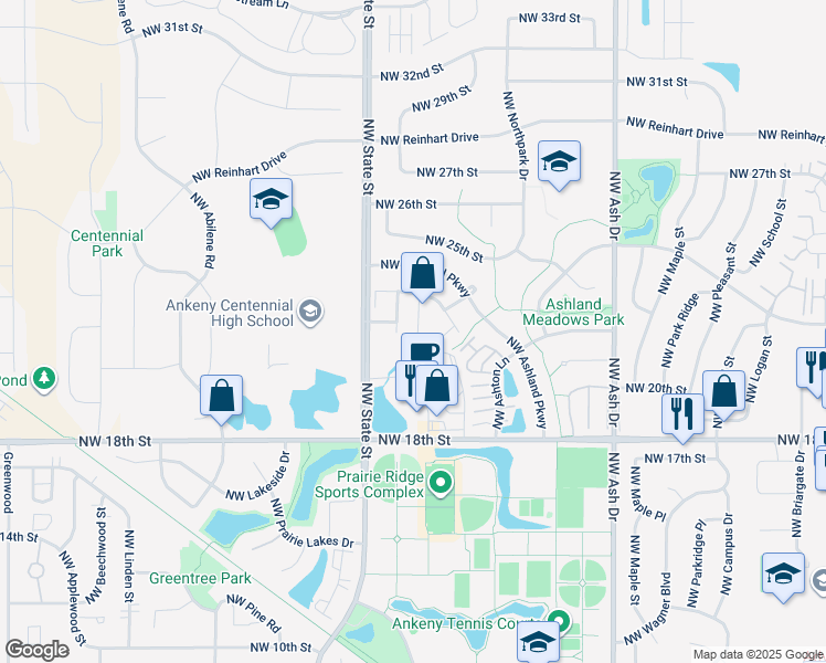 map of restaurants, bars, coffee shops, grocery stores, and more near 2208 Northwest Bayberry Lane in Ankeny