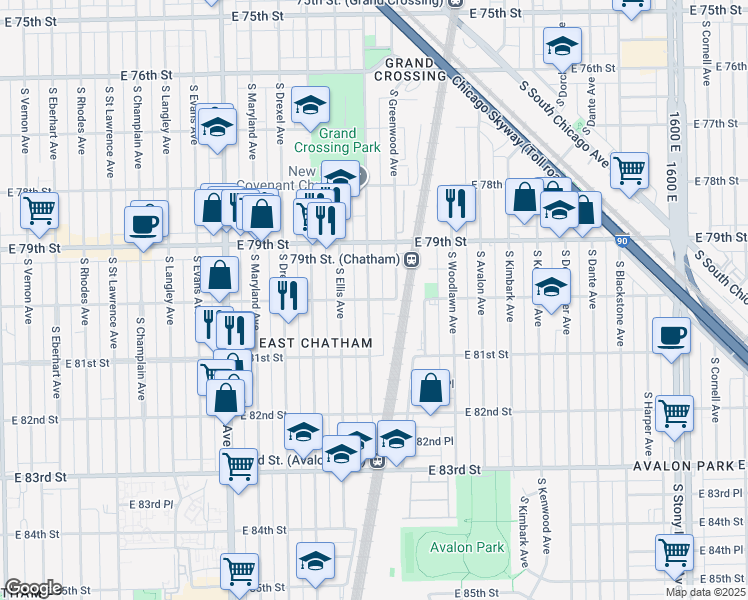 map of restaurants, bars, coffee shops, grocery stores, and more near 1049 East 80th Street in Chicago